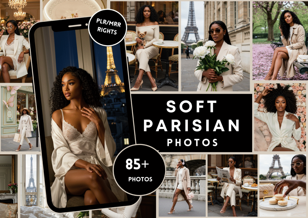 Soft Parisian Photo Bundle | 85+ Luxury Black Women Aesthetic Stock Photos | PLR/MRR Rights | Eiffel Tower, Neutral Chic Content