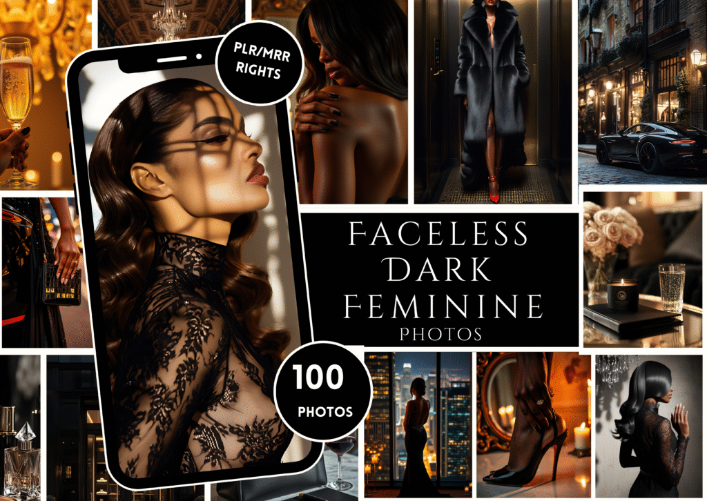 Faceless Photos Black Women Dark Feminine 100+ MRR Images Social Media reels luxury aesthetic faceless melanin digital marketing