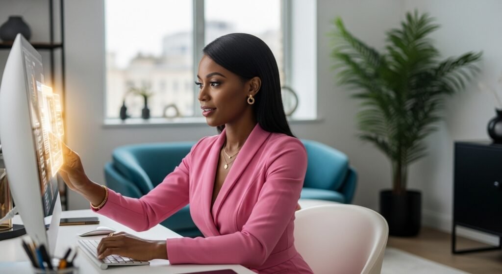  Beautiful african woman in a chic office finding digital products to sell, even as a beginner. 