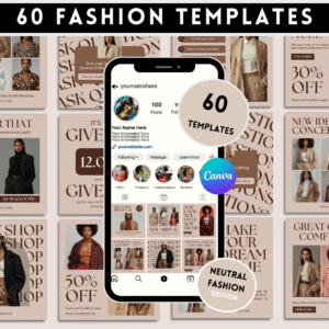 60 Neutral Fashion Canva Templates | Instagram Posts + Stories | Editable Social Media Pack for Clothing Brands