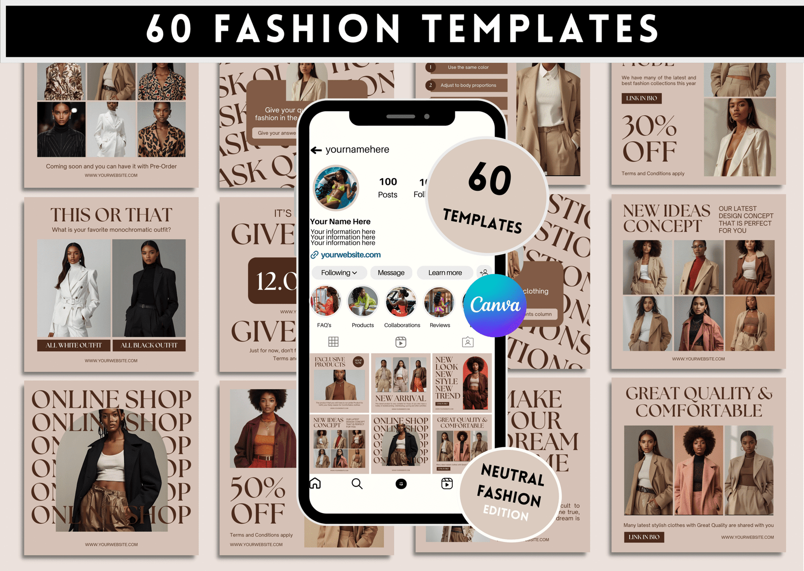 60 Neutral Fashion Canva Templates | Instagram Posts + Stories | Editable Social Media Pack for Clothing Brands
