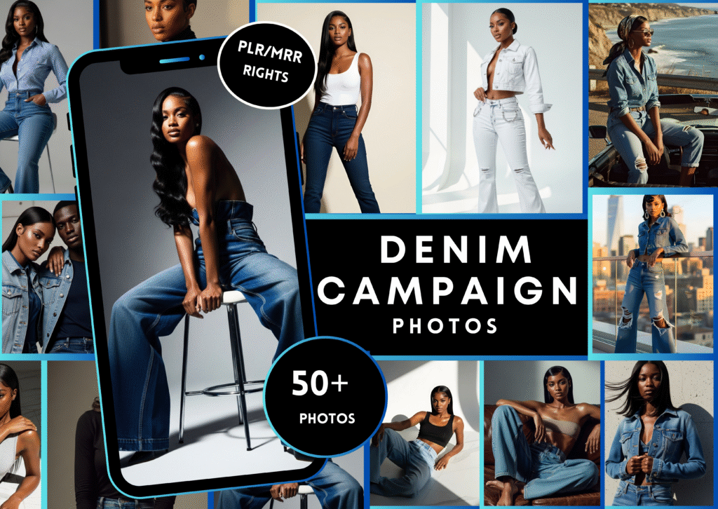 Denim Campaign Stock Photo Bundle | 80+ PLR Images of Black Women in Fashion | Editorial Baddie Aesthetic | 1080x1920