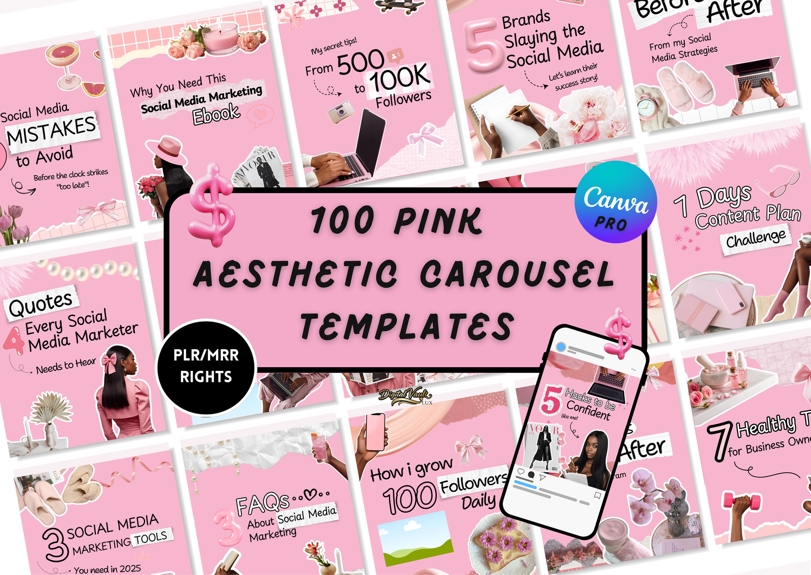 100 Pink Carousel Templates for Canva | PLR/MRR | IG Content for Coaches, Creators, Girl Bosses
