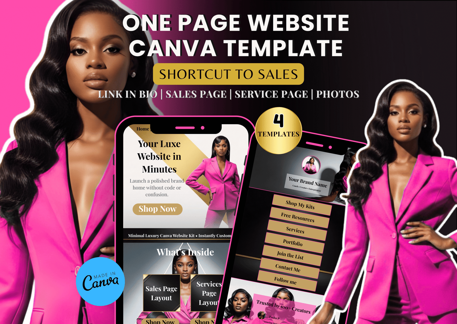 Pink- One Page Website Canva Template | Link in Bio Kit | Sales, Services & Portfolio Layouts | Minimal Luxury Website Builder