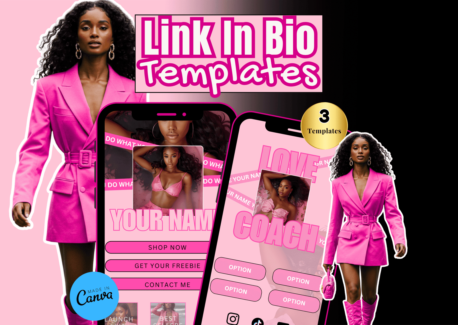 Link in Bio Canva Template Bundle | Pink Editable Layouts | IG Bio Page for Coaches & Creators | Mobile Landing Page Design