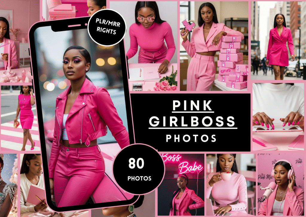 Pink Girlboss theme Stock Photo Bundle – 80 Images for Canva, Social Media & Branding | PLR + MRR Rights