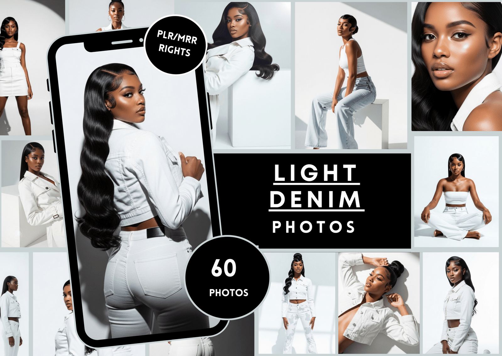 Light Denim Campaign Stock Photo Bundle | 60 PLR Images of Black Women in Fashion | Editorial Denim | 1080x1920