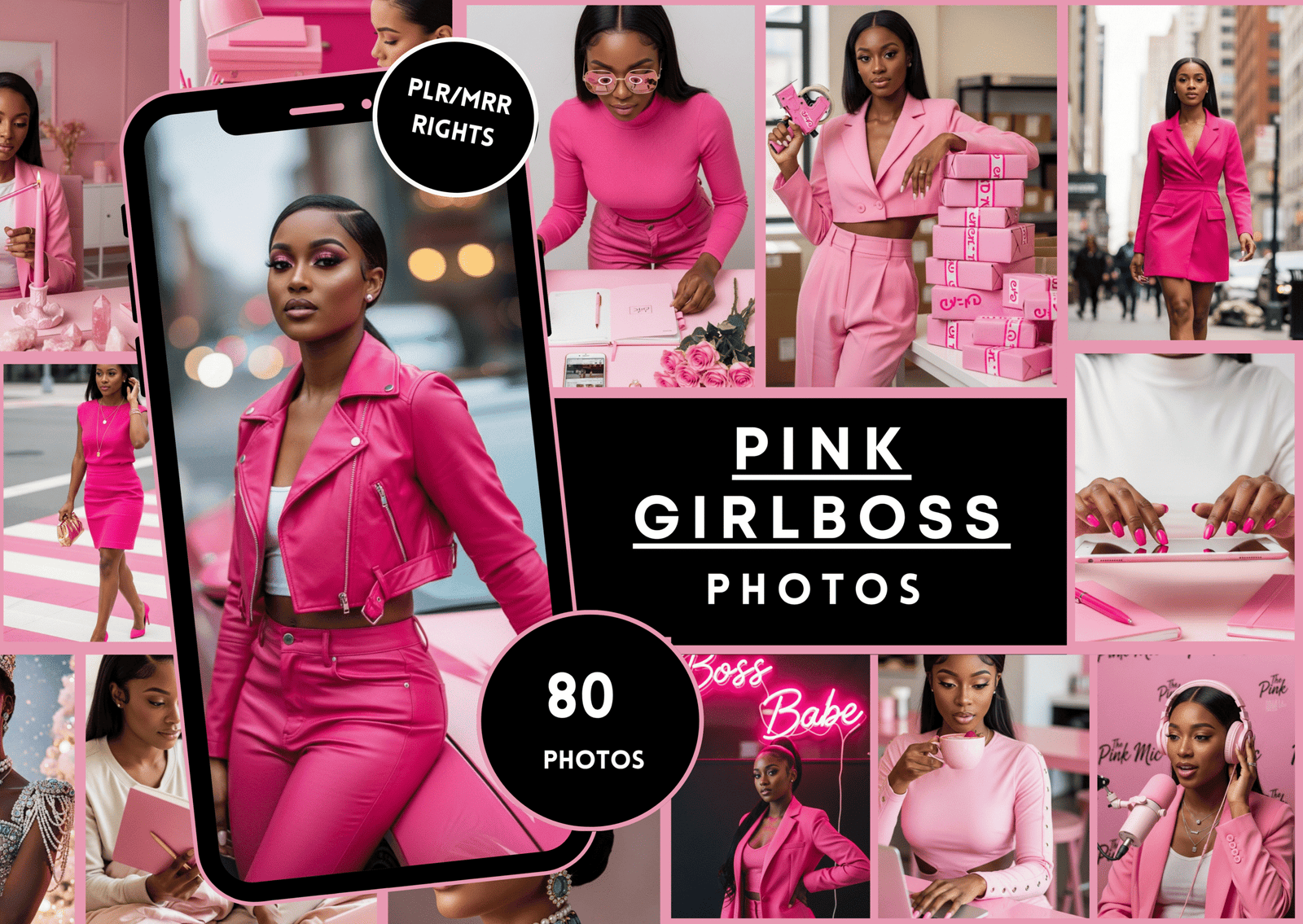 Pink Girlboss theme Stock Photo Bundle β 80 Images for Canva, Social Media & Branding | PLR + MRR Rights