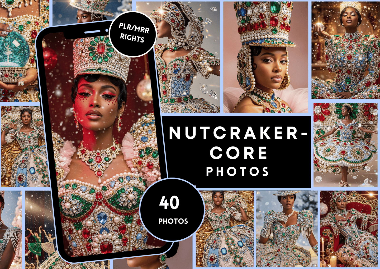 Nutcrackercore Photo Bundle – 40 Luxe Holiday Photos for Social Media & Digital Products | PLR + MRR | Bejeweled Balletcore Glam Christmas