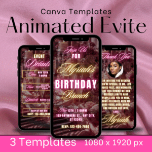 Animated Birthday Evite Template for Canva – 3 Pink/Gold Elegant Mobile Invitation for Text & Social Media | Digital Invite | 1080x1920