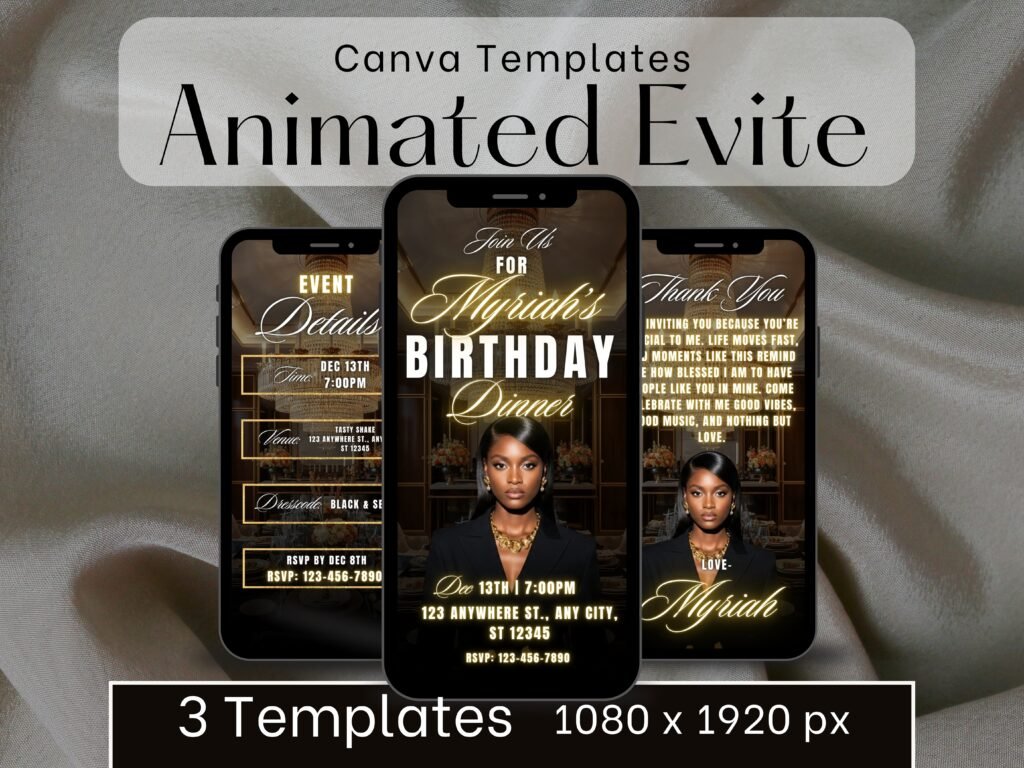 Animated Birthday Evite Template for Canva – 3 Black/Gold Elegant Mobile Invitation for Text & Social Media | Digital Invite | 1080x1920