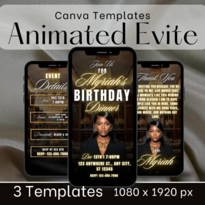 Animated Birthday Evite Template for Canva – 3 Black/Gold Elegant Mobile Invitation for Text & Social Media | Digital Invite | 1080x1920