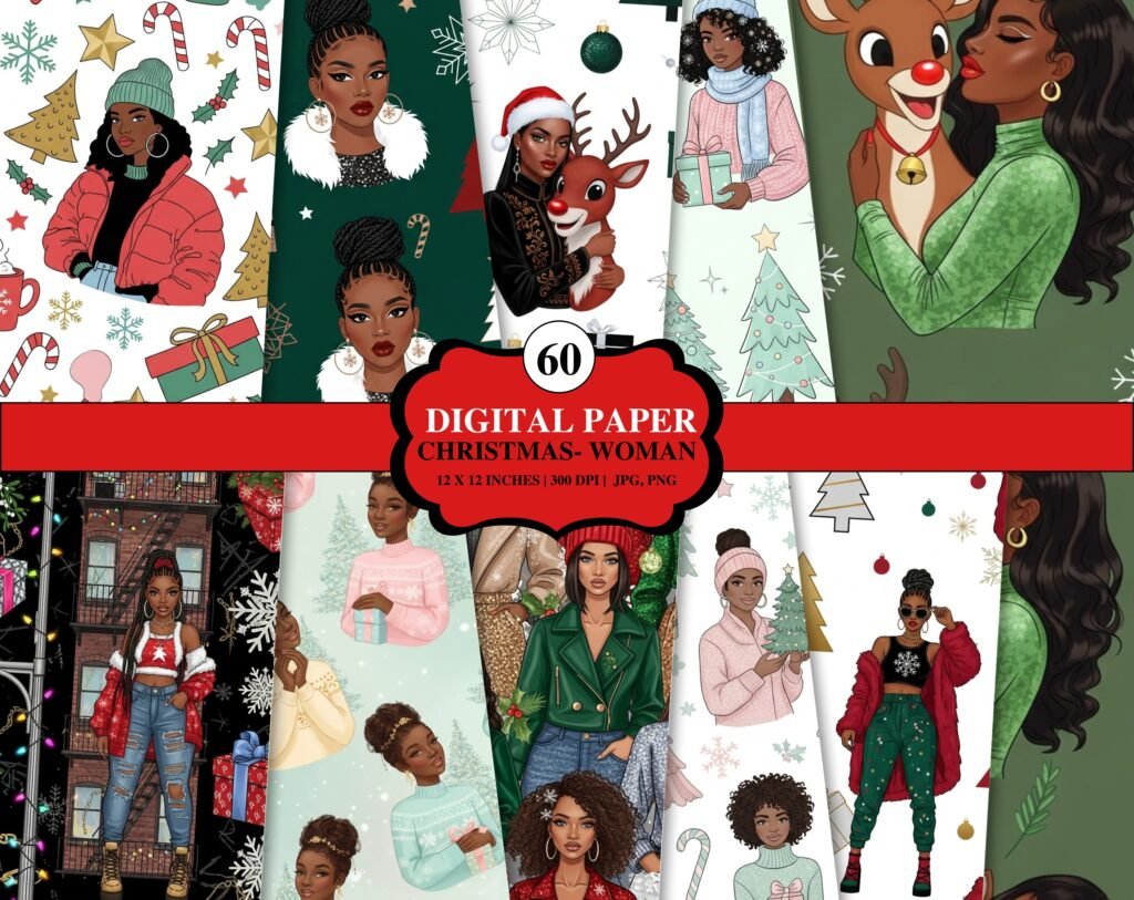 Christmas Digital Paper Bundle | 60 Black Women Afrocentric Holiday Backgrounds | 12x12 | PNG + JPG | Cottagecore, Pastel, Modern Styles