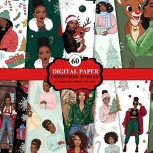 Christmas Digital Paper Bundle | 60 Black Women Afrocentric Holiday Backgrounds | 12x12 | PNG + JPG | Cottagecore, Pastel, Modern Styles