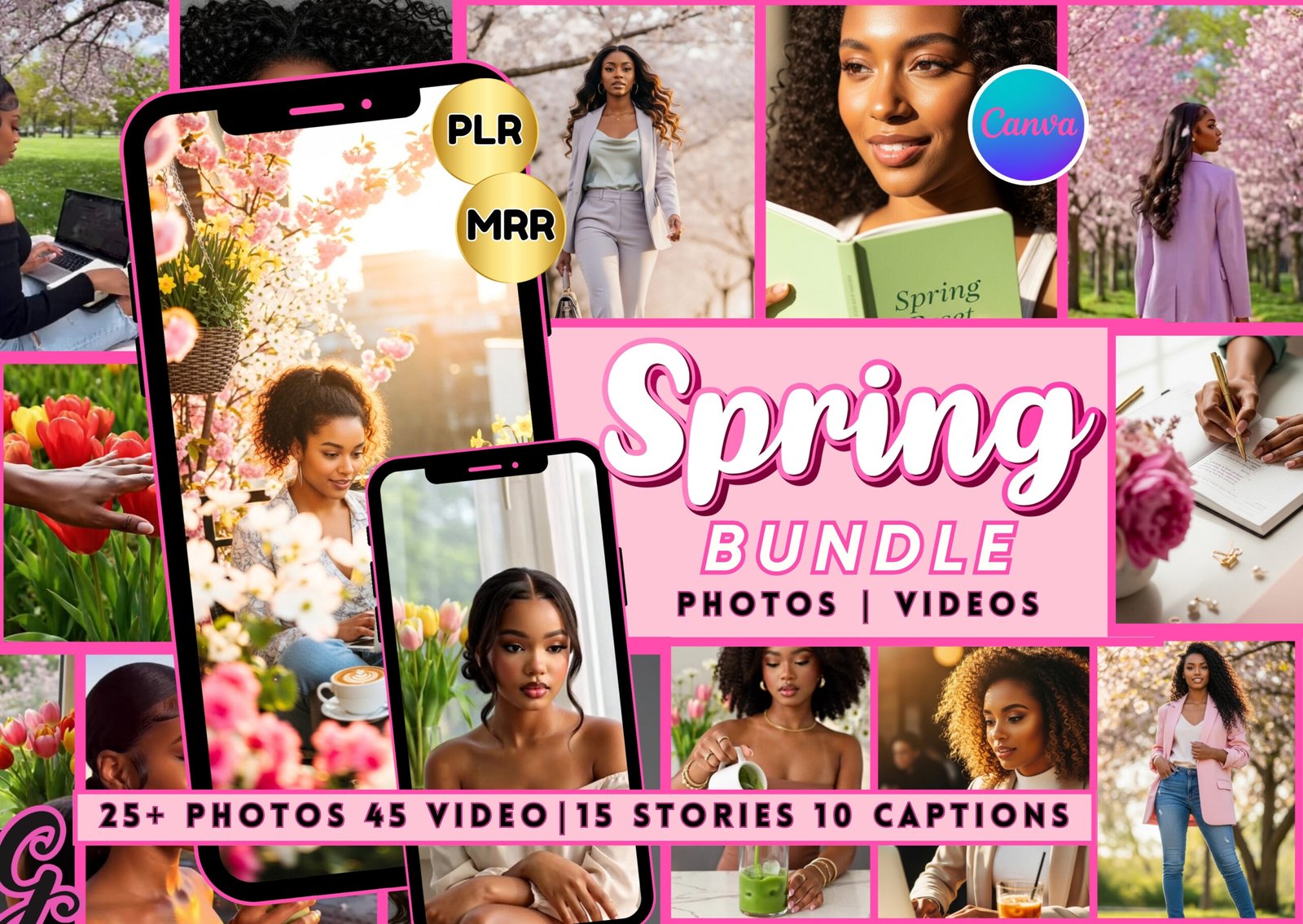 Spring Content Bundle PLR MRR | 25 Photos 45 Videos 15 Story Templates 10 Captions | Black Girl Spring Aesthetic | Instagram Reels Content Pack
