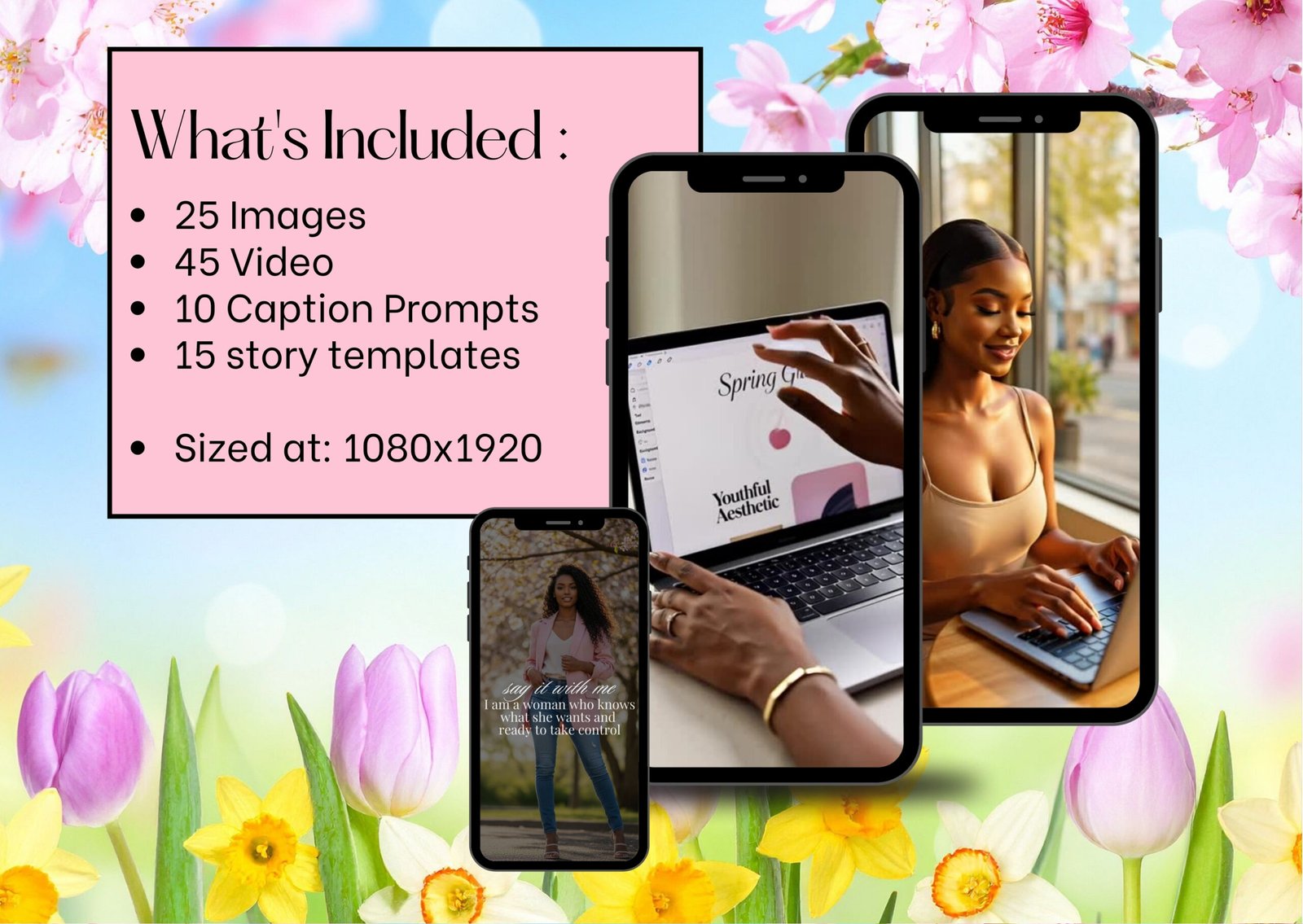 Spring Content Bundle PLR MRR | 25 Photos 45 Videos 15 Story Templates 10 Captions | Black Girl Spring Aesthetic | Instagram Reels Content Pack - Image 2