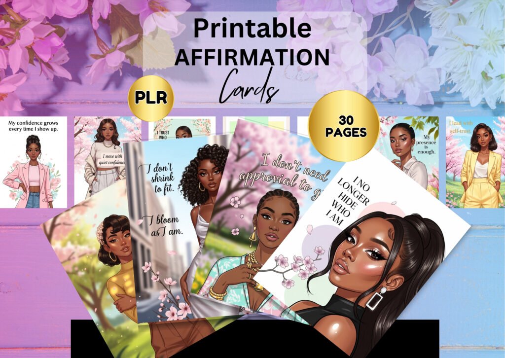 Printable Affirmation Cards PLR | Black Woman Wall Art | 30 Page Digital Download | 2.5x3.5 Cards | Self Love Quote Bundle