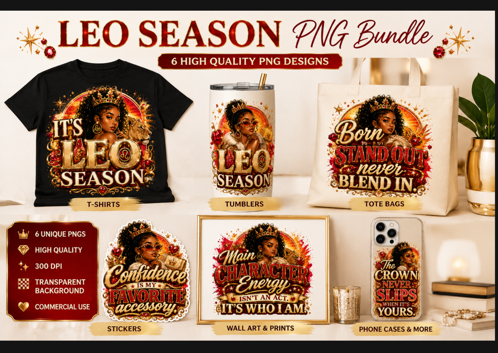 Leo Season PNG Bundle | 6 Zodiac PNG Designs | Black Girl Magic Sublimation PNG | Birthday Shirt Design | Digital Download - Image 2