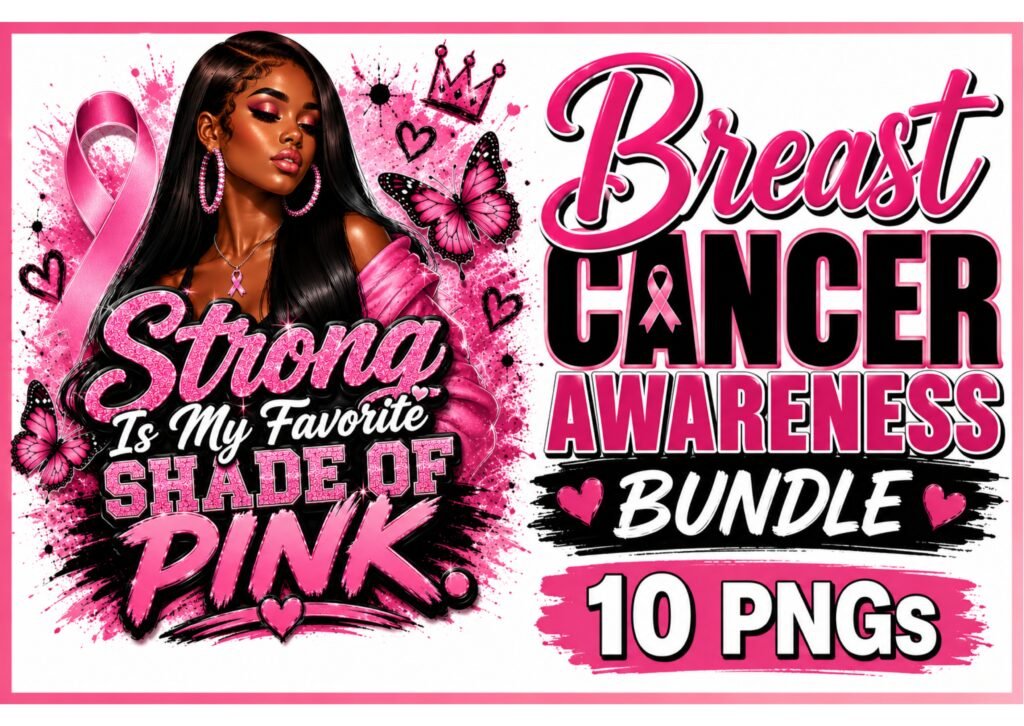 Breast Cancer Awareness PNG Bundle | 10 Empowering Black Woman Designs | Pink Ribbon Sublimation | T-Shirt PNG | Survivor Graphics | Commercial Use