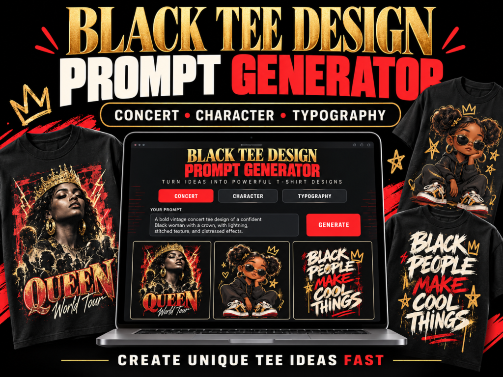 Black Tee Design Generator, Concert Shirt Tool, T-Shirt Design Idea Generator, Typography Tee, Digital HTML Tool