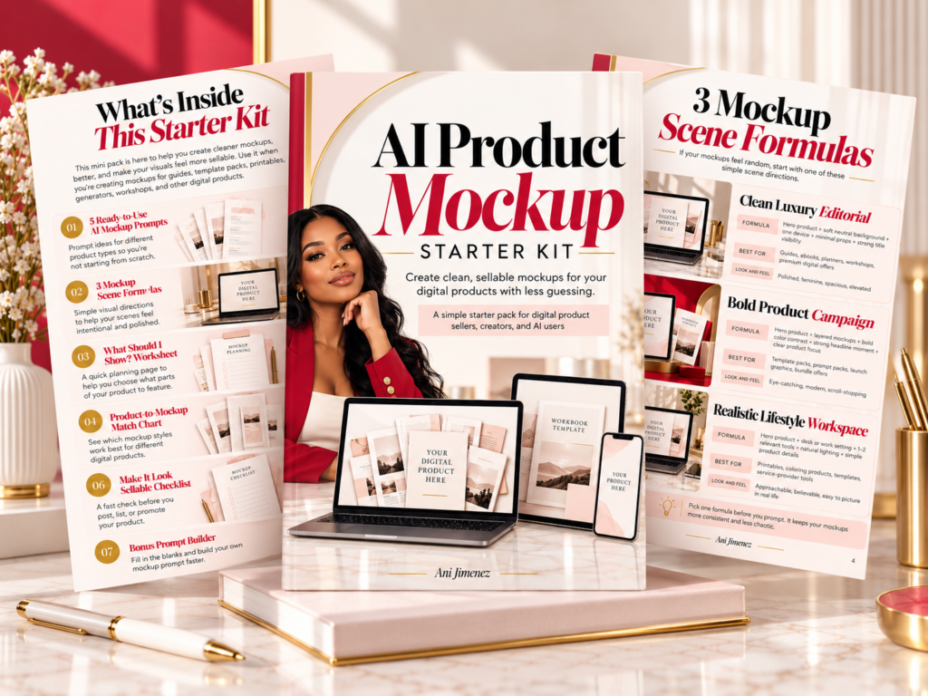 Product Mockup Starter Kit | Digital Product Mockup Guide + AI Prompts + Canva Story Templates