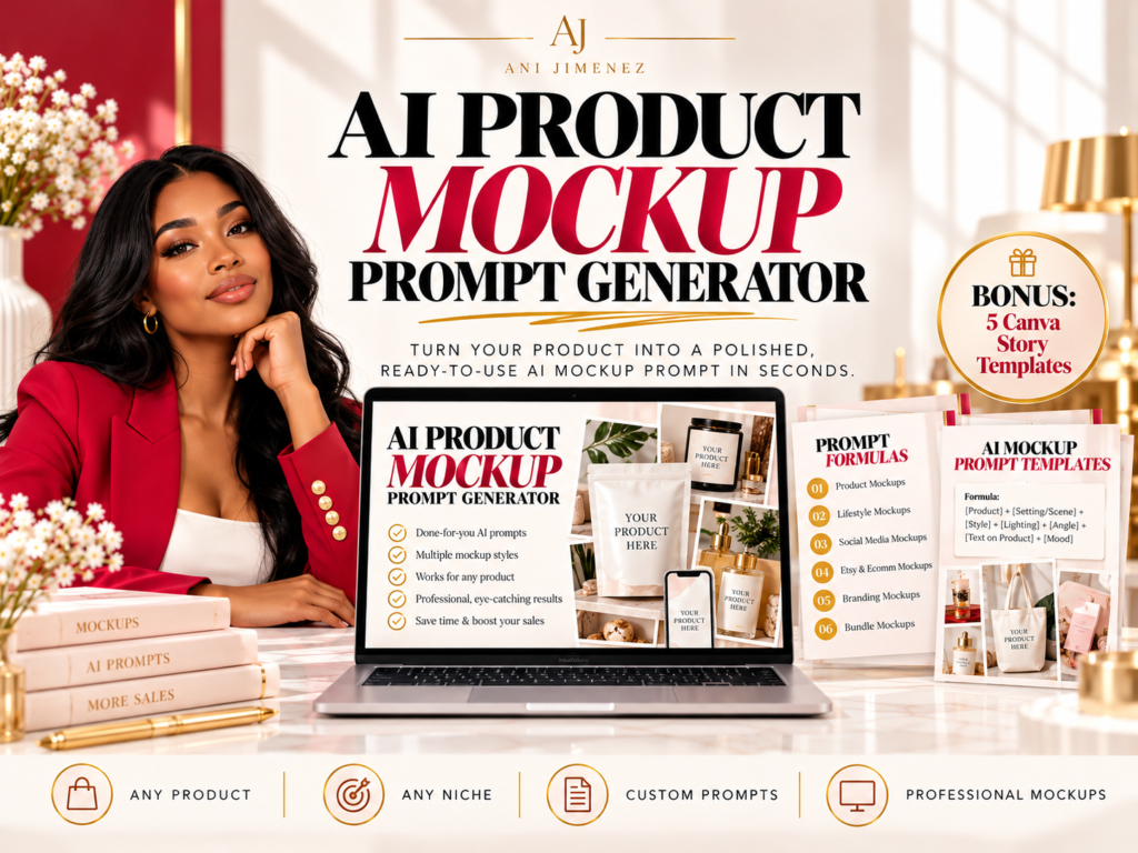 Product Mockup Prompt Generator | AI Mockup Prompts + Canva Story Templates for Digital Product Sellers